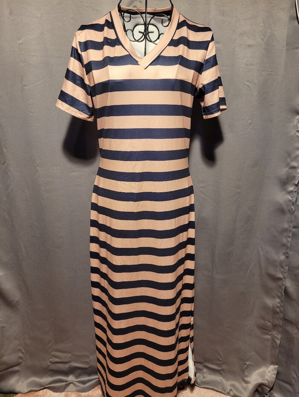 Amazon Striped V-Neck Maxi Dress in Blush Pink and Navy